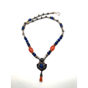 Hobe Jeweled Etruscan Egyptian Faux Turquoise Lapis & Coral Pendant Necklace